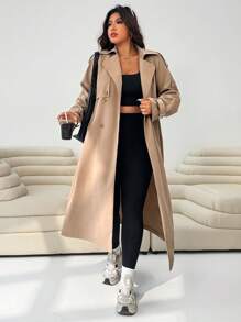 SHEIN EZwear 大码女式休闲长款风衣 - 卡其色 - 查看 4