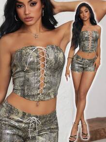 SHEIN ICON Women's Vintage Sexy Cross Strap Denim Bustier Top, Summer - Black - View 1