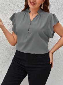 SHEIN Privé Plus Size Casual Comfortable Plain Ruffle Hem Blouse - Grey - View 4