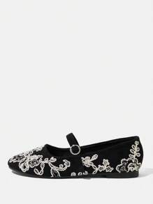 Styleloop Black Embroidered Floral Mary Jane Flat Shoes - Black - View 2