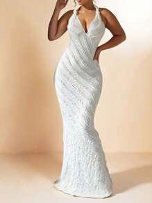 Cravure Plus Size Elegant Ruffled Strap Maxi Dress, Stretchy Fabric, Suitable For Valentine's Day Wedding - White - View 1