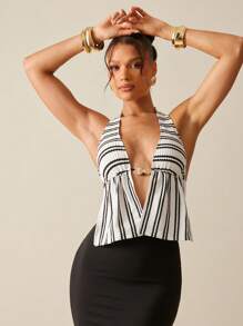 Hauture Black And White Stripe Halter Backless Top With Front Split And Gold Ornament, Boho, Vacation - Black and White - View 4