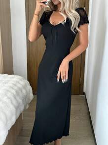 SHEIN Váy ngủ dài dệt kim đan lưới chắp vá ren cho nữ - màu đen - Xem 6