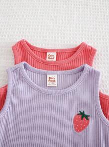 Cozy Pixies 2pcs/Set Baby Girl Rainbow & Strawberry Pattern Soft Knit Camisole Top Set - Multicolor - View 4