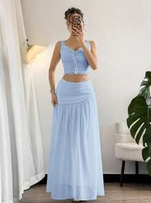 Firerie Women's Elegant Minimalist White Chiffon Asymmetrical Zipper Pleated A-Line Skirt, Suitable For Beach, Daily Commute In Summer - Baby Blue - View 5