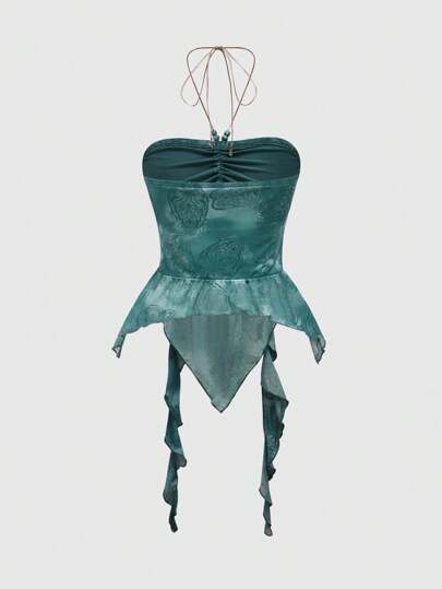 Fairycore Top sin mangas con cuello halter y bajo asimétrico con estampado de paisley para mujer