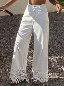 Women's Solid Color Lace Patchwork Elegant Fashion Wide-Leg Jeans - White - View 6