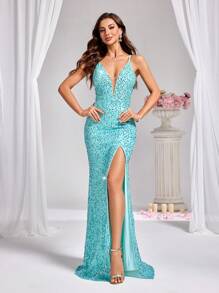 Zolique 开叉大腿亮片吊带连衣裙，适合节日派对服装，长款女士服装 - 淺藍色 - 查看 7