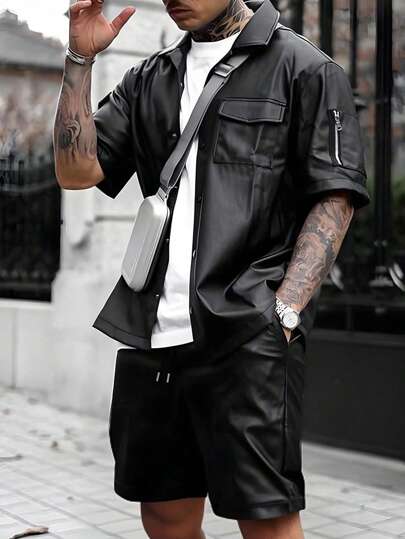 Manfinity LEGND 男士纯色前扣短袖衬衫和抽绳腰袋短裤套装男士服装套装男士时尚服装男士服装两件套男士设计师服装