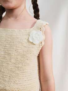 SHEIN 2件套少女无袖缀饰上衣和短裤两件套针织套装 - 米色 - 查看 6