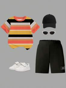 2 pezzi/set Outfit casual da ragazzo composto da maglietta a maniche corte con stampa grafica e scollo tondo e pantaloncini cargo, adatto per l'estate