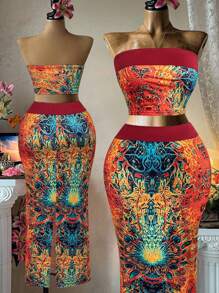 Flirla Plus Size Women's Spring/Summer Strapless Contrast Geometric Print Top + Contrast Geometric Print Pencil Skirt 2 Pieces Set - Multicolor - View 3