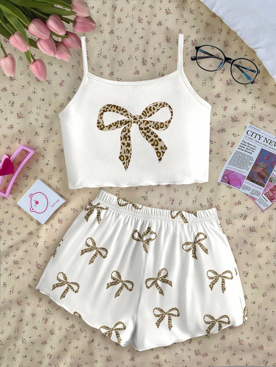 SHEIN Leap Crew Tween Girls' Casual Minimalistic Fitted Cami Top & Shorts Pajama Set, Suitable For Summer - Multicolor - View 1