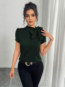 Rafferiza Women's Spring & Summer Casual Versatile Solid Color Bow Frill Cuff Shirt - Dark Green - View 7
