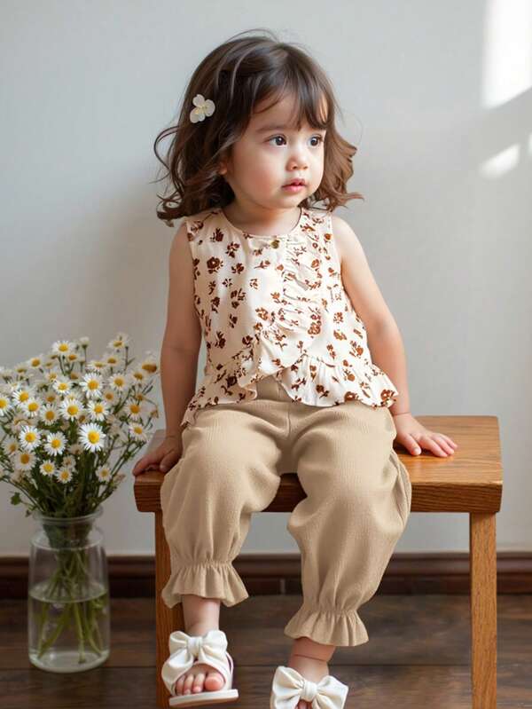 SHEIN LMoss Kids Babygirl Cute Floral Print Ruffle Top And Long Pants 2-Piece Vacation Outfit, Summer