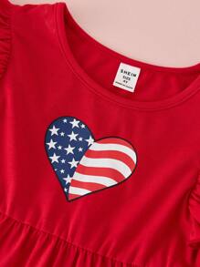 Conjunto de 2 piezas para niña joven con Top de cuello redondo con volantes y estampado de bandera de EE. UU. y pantalones ajustados con vuelo - Multicolor - Ver 4
