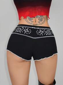 EgrlEra Women's Contrast Trim Vintage Floral Embroidery Knit Shorts, Fashion Summer - Black - View 3