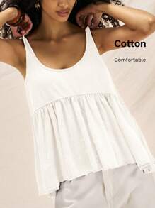 Easelle Summer Casual Splice A-Line Washed Vintage Tank Top Cotton - White - View 2
