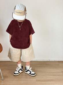 SHEIN 1 Piece Young Boy Casual Sports Academy Japanese And Korean Loose Fit Water-Washed Soft Comfortable Round Neck T-Shirt Suitable For Kids Young Boy Back To School Suitable For Birthday Parties, Parties, Performances, Weddings, Baptisms, Back To School Daily Suitable For School Suitable For Travel Suitable For Sports Suitable For Spring And Summer - Burgundy - View 6