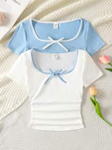 SHEIN Bộ 2 áo thun tay ngắn cổ chữ U họa tiết nơ đơn giản & thoải mái cho bé gái tuổi teen - Màu xanh nhạt - Xem 2