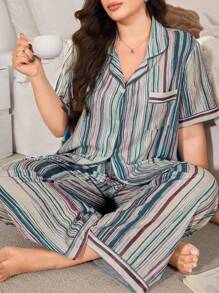 SHEIN 大码女式条纹印花缺口领上衣和裤子睡衣套装 - 彩色 - 查看 1