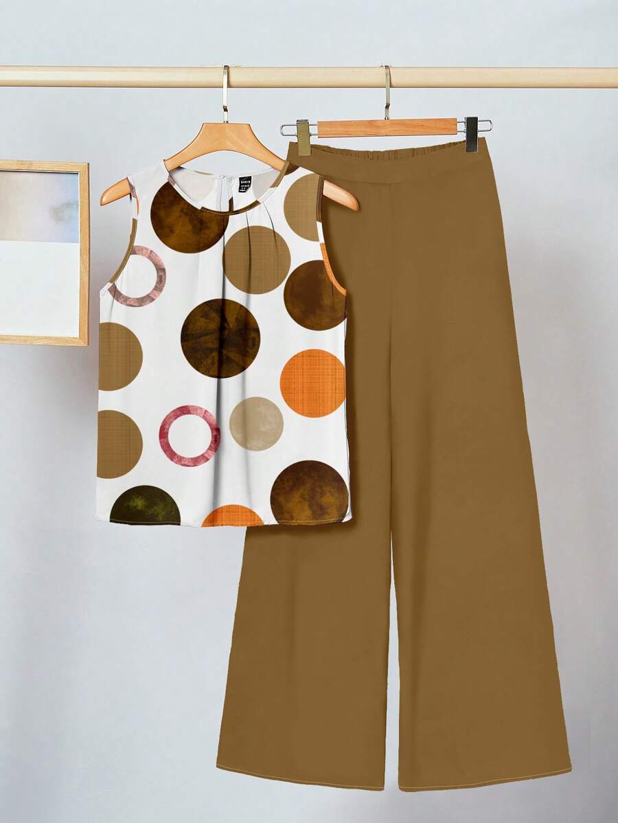 SHEIN Clasi 2 件套女士休闲波点图案宽松圆领背心和阔腿裤，夏季套装 - 彩色 - 查看 1