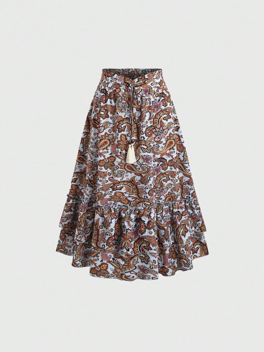 Sweetra Women's Bohemian Style Cashew Flower Pattern Ruched Maxi Skirt With Fringes And Bowknot Waist, Suitable For Vacation Fall Cloth For Women - Multicolor - View 1
