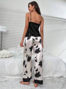 LuxeNights Floral Print Satin PJ Set / Pajama Set