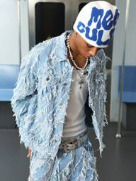 PAVTROS Manfinity Streetrush Herrjacka med fransad kant, enkelknäppt, avslappnad lös denimjacka, sommar, häng, gå ut, fest, bal, gata, emo-stil, för hösten