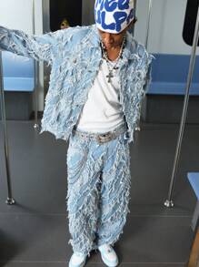 PAVTROS Manfinity Streetrush 男式磨边单排扣休闲牛仔宽松夹克，夏季外出派对舞会街头，Emo 风格，适合秋季 - 淺色水洗藍 - 查看 2