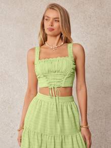L'Amorae Áo crop top không tay buộc dây xếp ly màu xanh lá cây xô thơm dành cho nữ mùa hè, mùa hè, bãi biển, ngày 4 tháng 7 - màu xanh lá - Xem 4