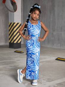 SHEIN Tween Girls Casual Streetwear Fashion Sleeveless Printed Fitted Slit Midi Dress - Blue - View 3
