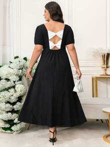 SHEIN Clasi 曲线美大码女式浪漫优雅日常黑色圆领泡泡短袖针织纹理松紧腰 A 字长裙，背面饰有蝴蝶，女士夏季连衣裙，女士婚礼宾客礼服，女士节日服装，女士音乐会服装，女士教堂礼服，黑色连衣裙，舞会礼服，女士黑色连衣裙，大码连衣裙，女士正式连衣裙，女士长裙，舞会礼服，女士端庄连衣裙，女士优雅服装 - 黑色 - 查看 7