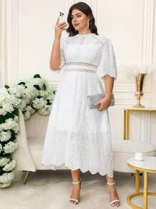 SHEIN Clasi Elegantes Kleid mit Stickerei und Kurzarm in Große Größen für Damen - Weiss - Übersicht 5
