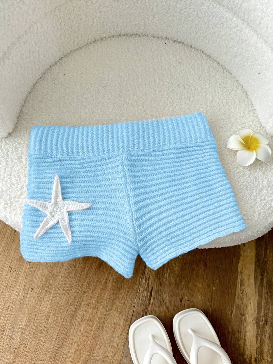 Elamini Star Pattern Knitted Pink Shorts - Blue - View 1