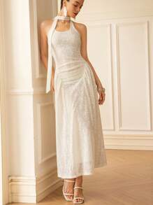 GENKIRA Váy hở vai cổ chữ U bằng vải lưới Jacquard màu trắng lãng mạn thanh lịch với thiết kế nhún eo, dáng ôm, váy xòe nhiều tầng, dây buộc cổ yếm, không tay - Màu be - Xem 3