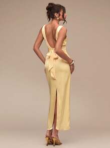 SHEIN BAE Women's Summer Solid Yellow Sleeveless Backless Bow Hip Straight Satin Elegant Midi Dress/Yellow Dress/Butter Yellow Dress/Summer Dresses For Women/Graduation Dress/Prom Dress/Wedding Guest Dress Women - White - View 1