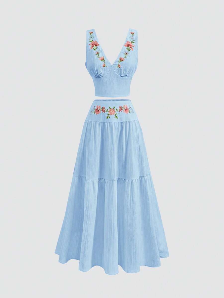 SHEIN MOD 2pcs Set: Embroidered Vacation Top & Skirt - Blue - View 1