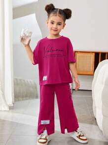 Young Girls & Toddler Girls Casual Matching Mother-Daughterl Summer Slogan Print Dropped Shoulder T-Shirt And Casual Pants 2pcs/Set, Casual Outfits Tracksuit 2 Pieces Lounge Set, Suitable For Walking/Sports/Back To School & Everyday Casual Wear, Casual Outfit, Great For Casual & Daily Wear & School Daily In Spring And Autumn,Mom And Daughter Matching,Sister And Me Matching. - Hot Pink - View 3