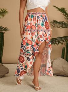 Travachic Saia Casual Estampada com Floral Apricot, Cintura Elástica e Fenda Alta para Mulheres Plus Size, Férias de Verão na Praia de South Beach Santorini, Festa na Piscina, Menina Coco, Férias na Praia, Passeios pela Cidade, Feriados, Vestuário Ocidental - Damasco - Visão 5