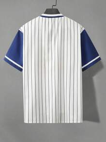Aesthetic Post--Oversized Men's Striped & Letter Print Baseball Collar Shirt Without T-Shirt - Blue - View 2