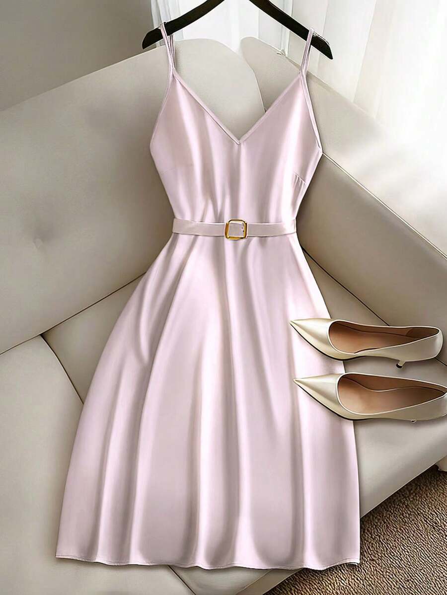 Franclia Vestido corto elegante de línea A con escote en V y tirantes de espagueti, versátil - Rosa - Ver 1