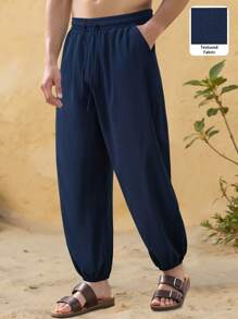 Manfinity RSRT Men's Solid Color Drawstring Waist Fashionable Jogger Pants Sweatpants Baggy - Navy Blue - View 1