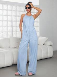 SHEIN ICON 阔腿牛仔连体裤，适合夏天的时尚 - 淺色水洗藍 - 查看 3