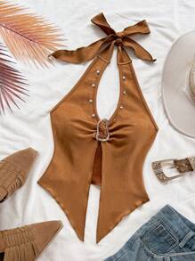 Soleia 女士休闲系带领金属扣合身不对称下摆上衣，绒面面料，西式风格，音乐节，派对，夏季