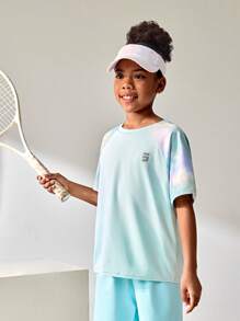 JNSQ Camiseta de manga corta para niñas preadolescentes de vuelta al colegio para deportes al aire libre, camiseta de cuello redondo con bloqueo de color y estampado de letras reflectantes 3M para deportes al aire libre