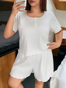 Dazy Plus Conjunto de pijama de unicolor con cuello de equipo acanalado, manga corta, y pantalón corto - Blanco - Ver 5