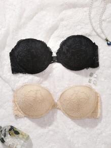 2pcs Strapless, Front Hook Closure, Contrast Lace Push-Up Bra Sets For Small Bust, Adjustable Detachable Strap Included