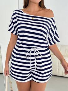 SHEIN Essnce Mono de mujer talla grande, mono de rayas casual de verano, vestido/mono de una pieza para mujer, mono con pantalón corto para mujer, ropa de verano para hombros de mujer, monos de manga corta