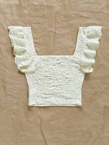 Soleia Women's U-Neck Cap Sleeve Textured Fabric T-Shirt, Embroidered Splicing, Suitable For Vacation, Music Festival, Bohemian, Holiday Dates, Afternoon Tea, Spring/Summer Ruffle Tops Croptop Lacey Top Summer Cute Tops - Apricot - View 2